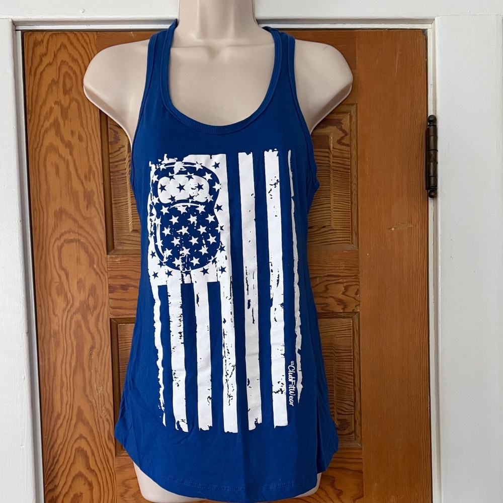 #ClubFitWear Blue and white Kettlebell American Flag Racerback Tank Top